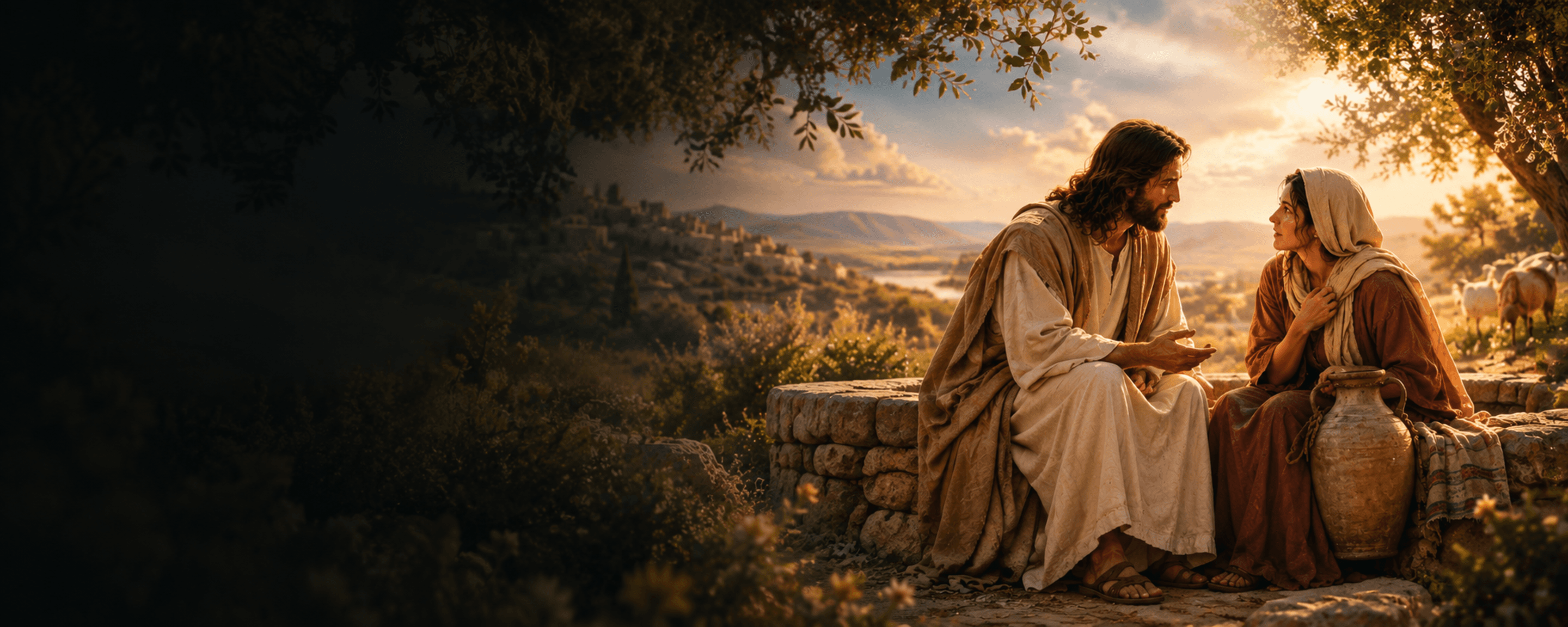 Jesus e a mulher samaritana, sentados junto a um poço de pedra, conversam sob a luz dourada do entardecer.
